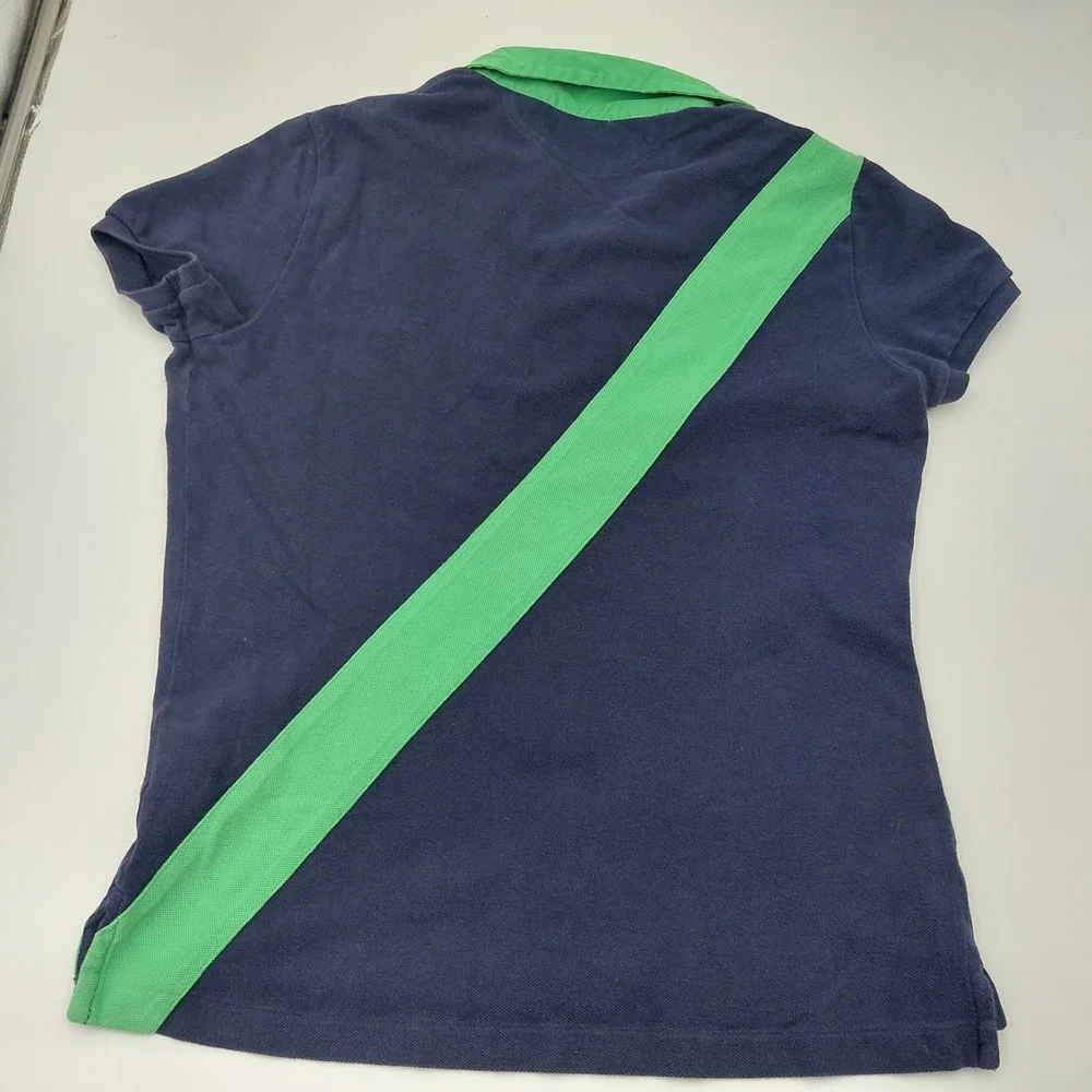 Ralph Lauren Kids L Blue Skinny Polo Shirt Green Sash Big Pony Orange Logo Y2K